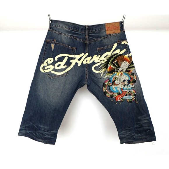 Ed Hardy By Christian Audigier Distressed Button-Fly Denim Jorts 42x17.5